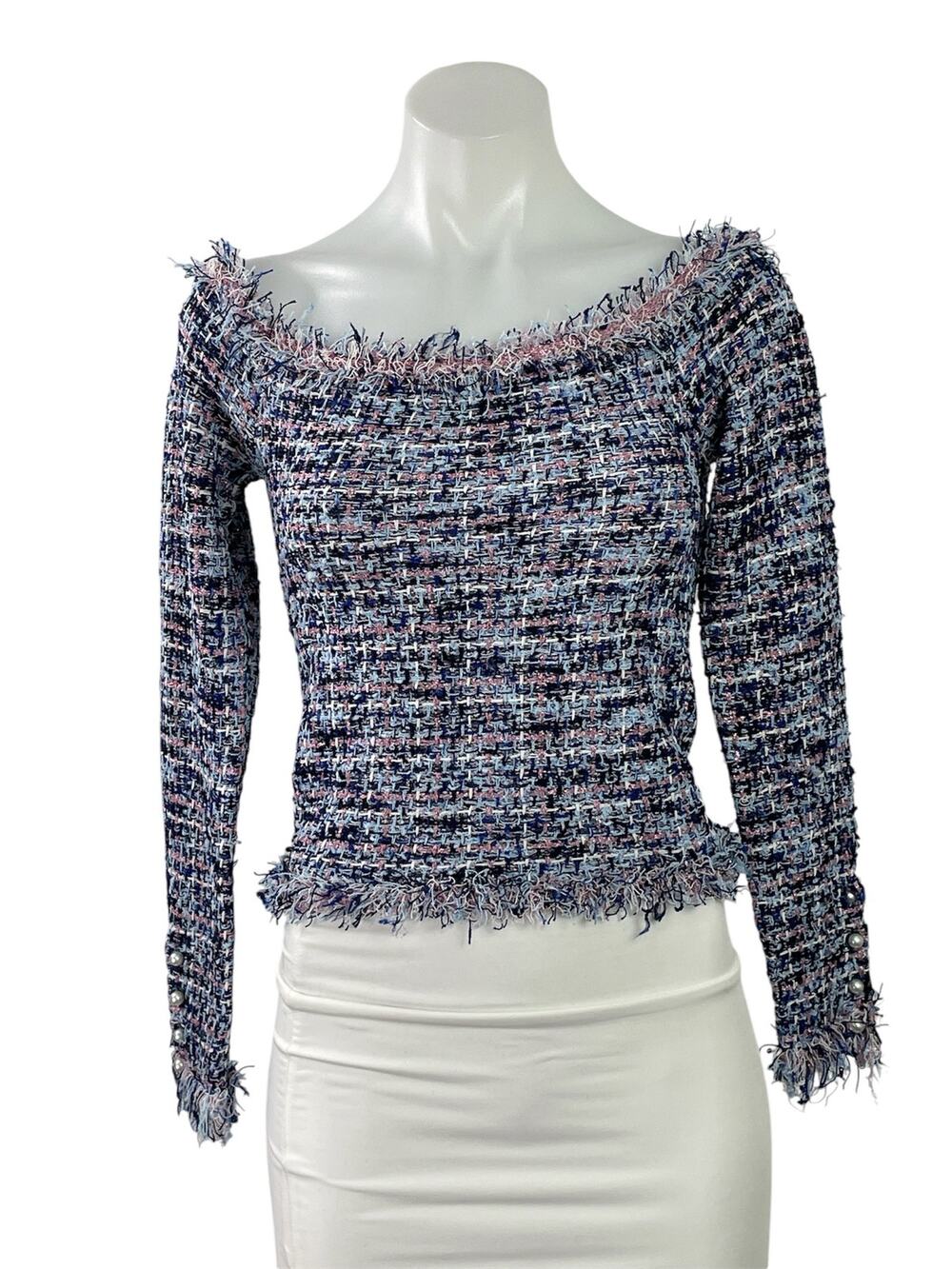 NEW Zara Multicolor Tweed Off The Shoulder Fringe Frayed Long Sleeve Crop Top S